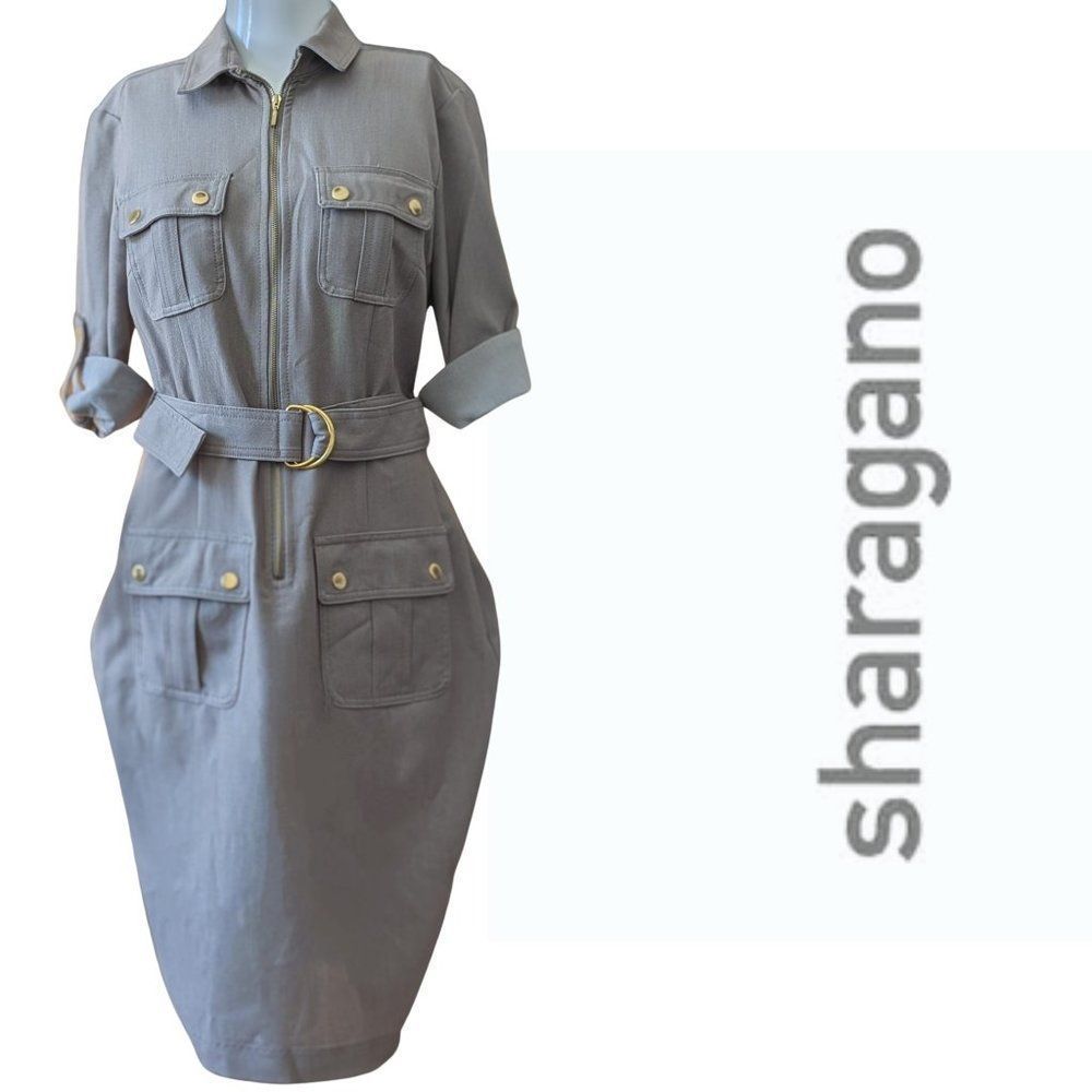 Sharagano 3/4 zip designer dress with belt and roll up sleeves Size 4